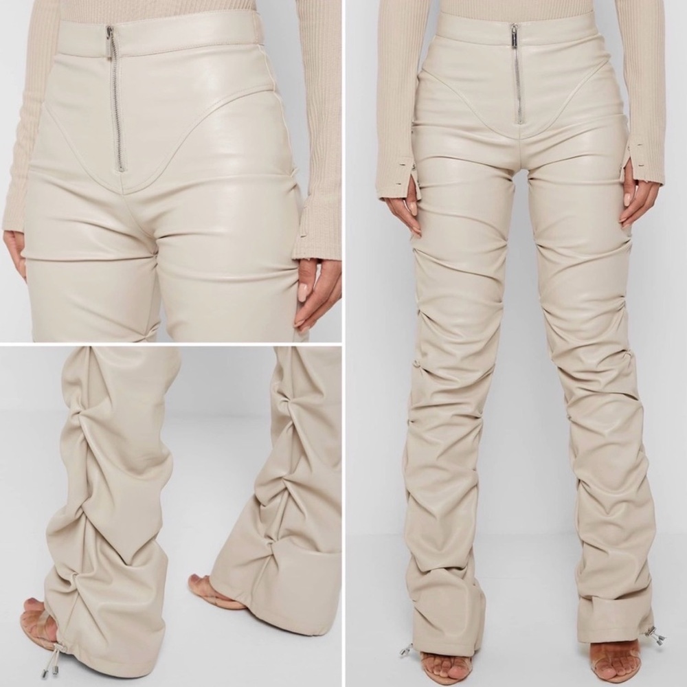 Maniere De Voir Tacked Vegan Leather Flared Trousers in beige